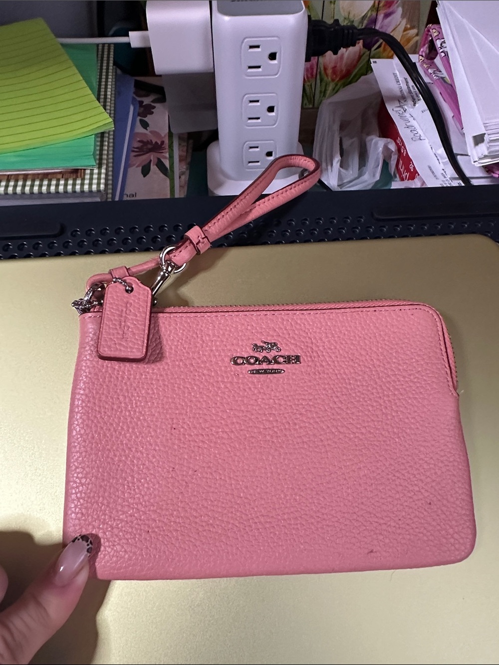 Coach Pink Pebbled Leather Wristlet Pouch with Strap